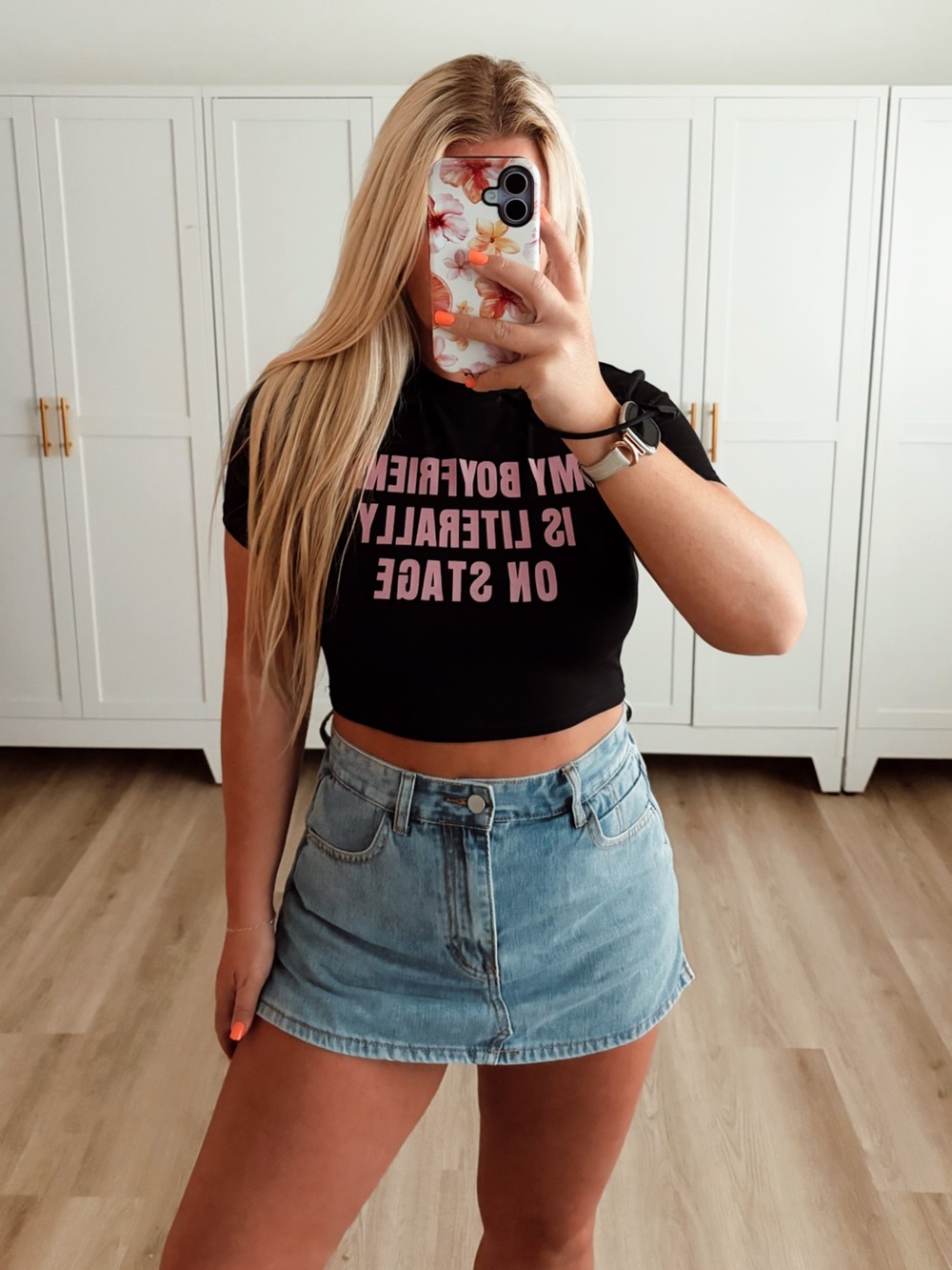 MY BOYFRIEND IS LITTERALLY ON STAGE Black Crop Tee with Pink